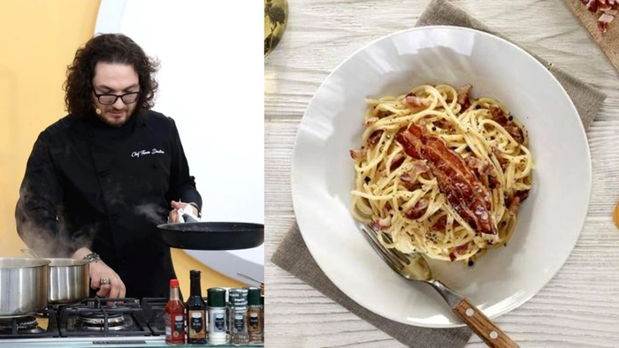 chef Florin Dumitrescu prepară carbonara
