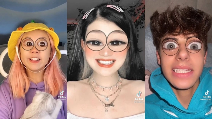 trei persoane care folosesc filtru de marire a ochilor pe tik tok