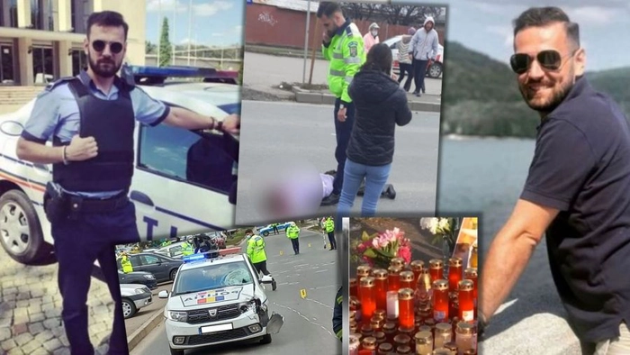 colaj cu un polițist în haine civile și uniformă, imagini de la locul accidentului, candele roșii aprinse