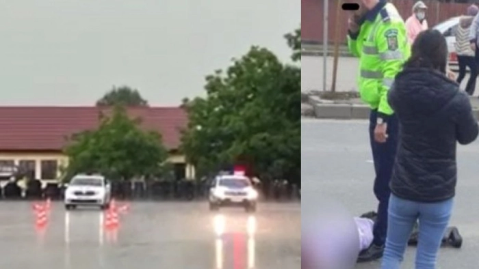 colaj cu mașini de poliție și imagini de la locul accidentului, polițist aflat la picioarele victimei