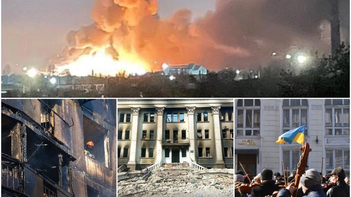 conflictul din Ucraina nu trebuie lăsat, colaj razboiul din Ucraina, razboi Rusia, cladiri de dupa bombardamentele rusilor