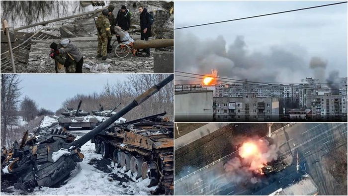 războiul cu Ucraina 9 mai,colaj razboiul din Ucraina, cladiri distruse de bombardamente, oameni lasati fara case, tancuri distruse
