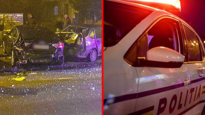 Colaj cu un accident in care sunt implicate doua masini si o parte a unei autospeciale de Politie