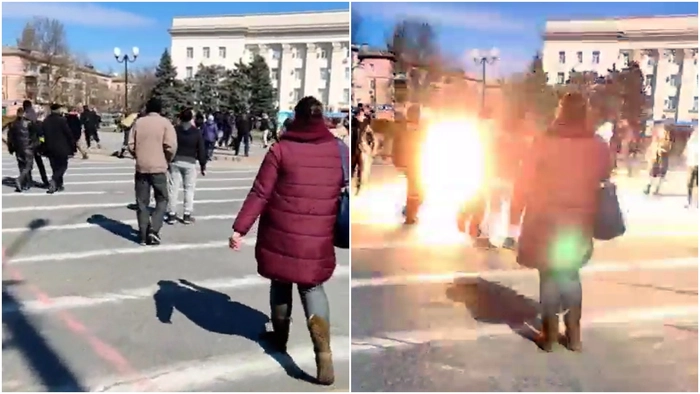 atacaţi de armata rusă, protestatari ucraineni ce sunt atacati de armata rusa