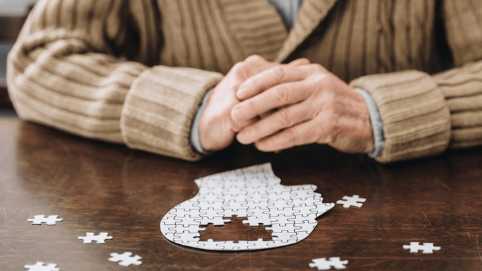 persoana care rezolva un puzzle in forma creierului uman