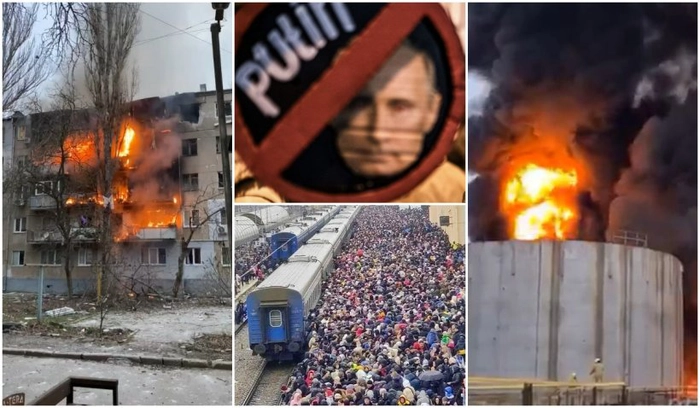 colaj razboiul din Ucraina, tren, refugiati, pancarte anti Putin