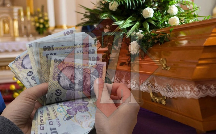 imagine cu un om care numara bani langa un sicriu