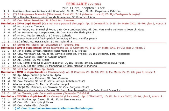 calendar crestin ortodox luna februarie