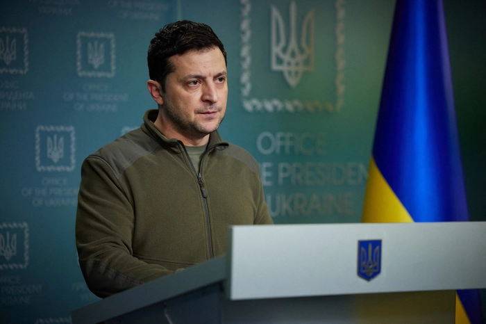 presedintele ucrainean Volodimir Zelenski in timpul unor declaratii de presa privind razboiul Rusia-Ucraina