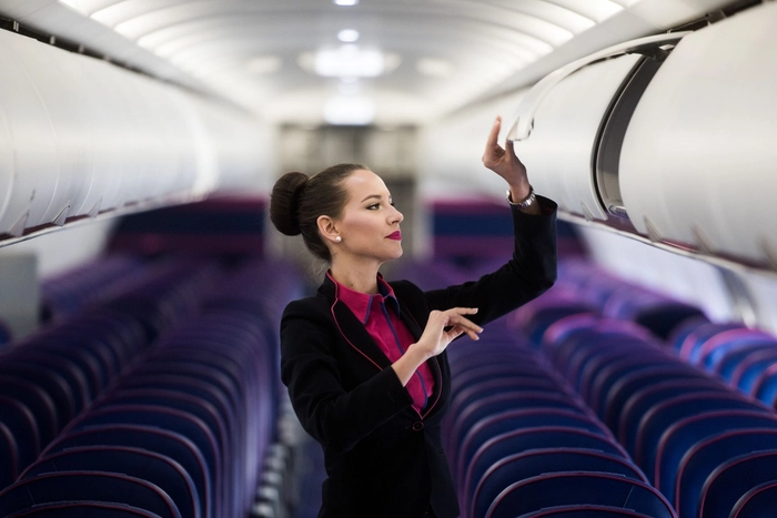 o stewardesa inchide un compartiment pentru bagaje dintr-un avion