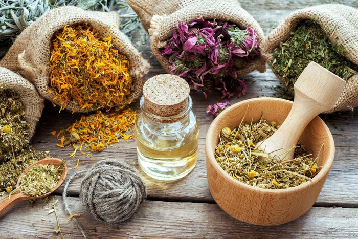 plante medicinale și o sticluță cu ulei