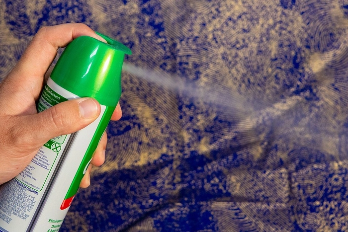 persoana care tine in mana un recipient cu o solutie nociva si pulverizeaza cu ea in casa