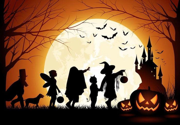 cinci personaje si o pisica se indreapta noaptea spre un castel de Halloween