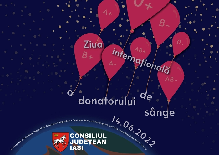 grafica cu logo-ul Consiliului Judetean Iasi pe fundal cu baloane rosii si planeta Pamant