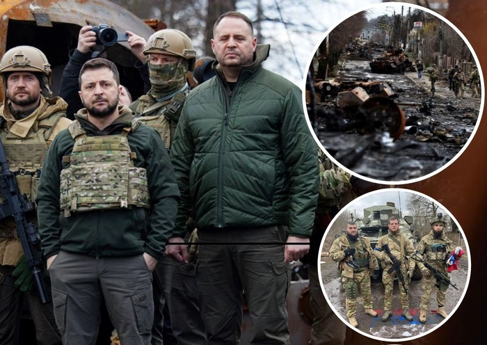genocidul din Bucea, colaj masacrul de la Bucea, presedintele ucrainean Volodimir Zelenski