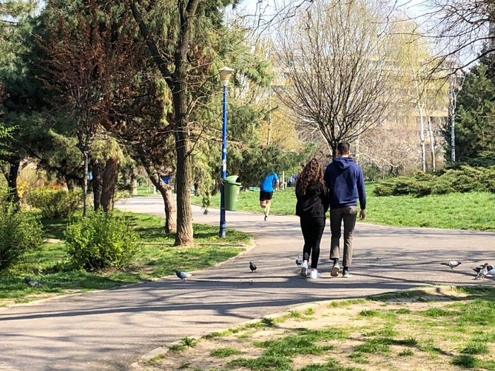 oameni care se plimba in parc