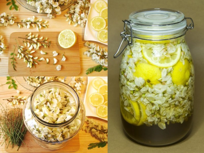 colaj un borcan cu sirop de salcam si o cana de ceai cu sirop de salcam langa un fund cu flori de salcam si o lamaie pe el