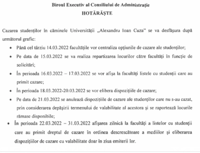 hotararea de cazare a studentilor feaa din iasi