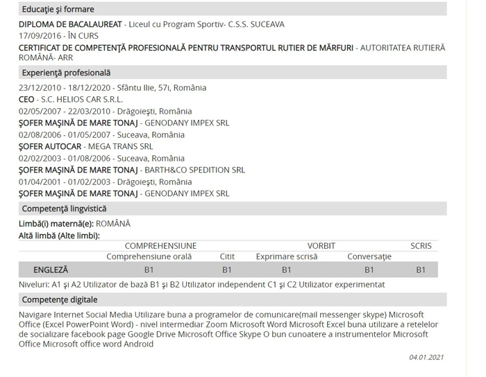 Fragment din CV-ul lui Dorel Gheorghe Acatrinei, deputat AUR de Suceava