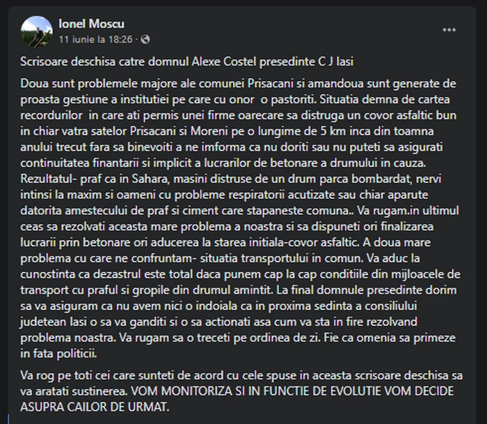screenshot postare de pe facebook
