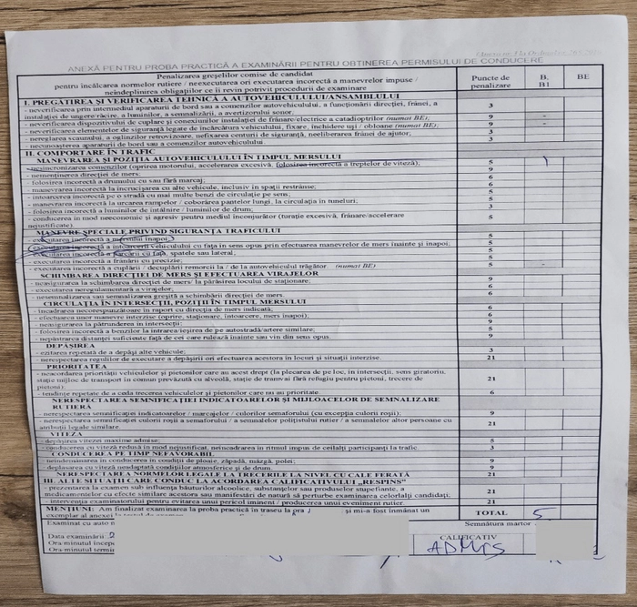 Fisa de examinare permis auto