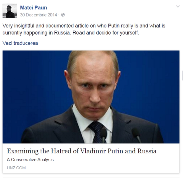 Matei Păun este susținător vehement al lui Vladimir Putin