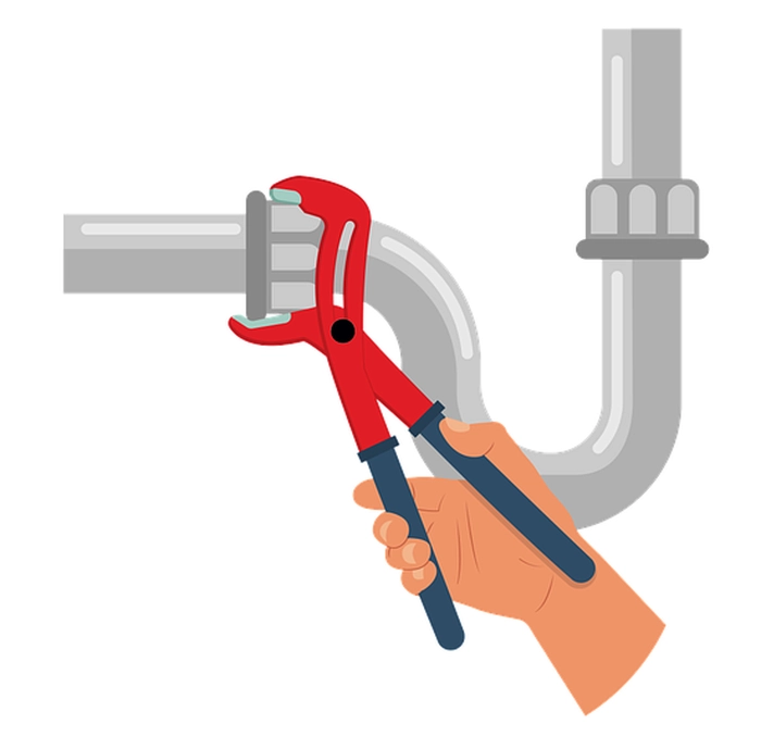 grafica cu o mana care repara o teava de la instalatia de apa