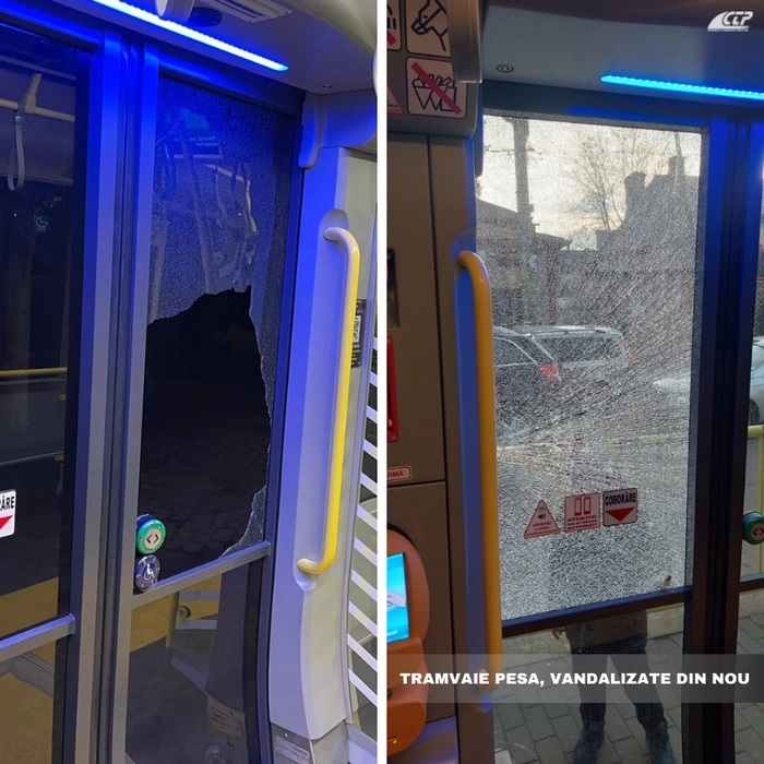 Un tânăr a dat cu pumnii și picioarele în geamul de la una dintre ușile tramvaiului până l-a spart