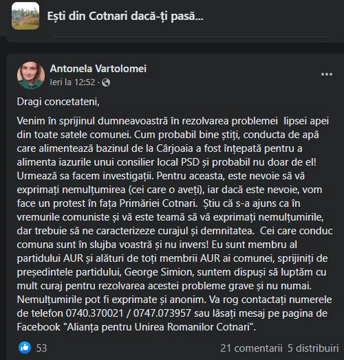 screen shot de pe facebook