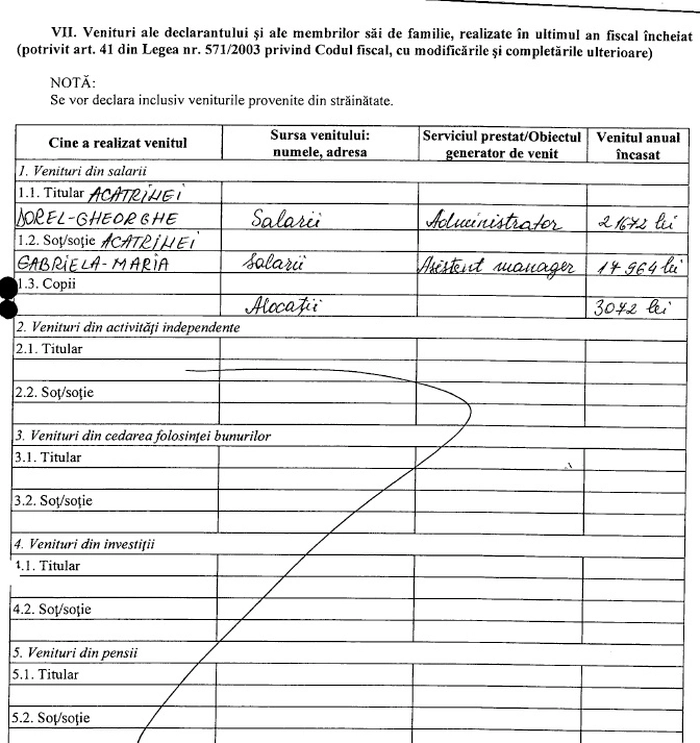 Fragment din declarația de avere a lui Dorel-Gheorghe Acatrinei