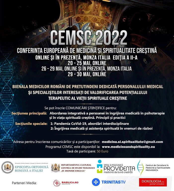 afis de promovare a conferintei europene de medicina si spiritualitate crestina online si in prezenta 2022