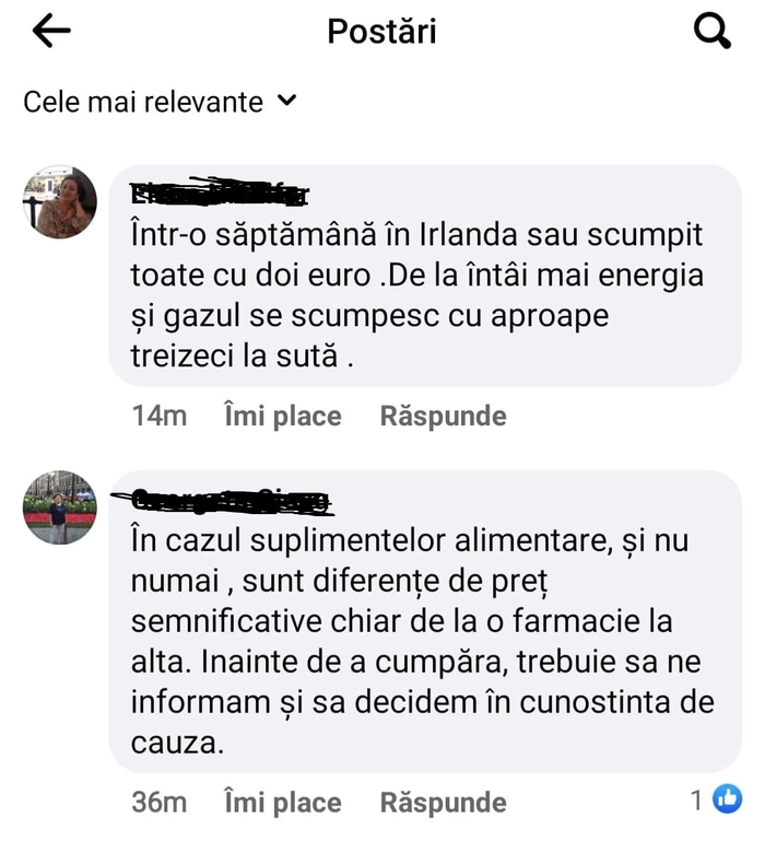 o conversatie de pe grupul de Facebook Tătărași referitoare la scumpirea medicamentelor