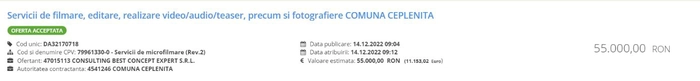 Captura de ecran de pe platforma SEAP cu achizitia serviciilor de promovare