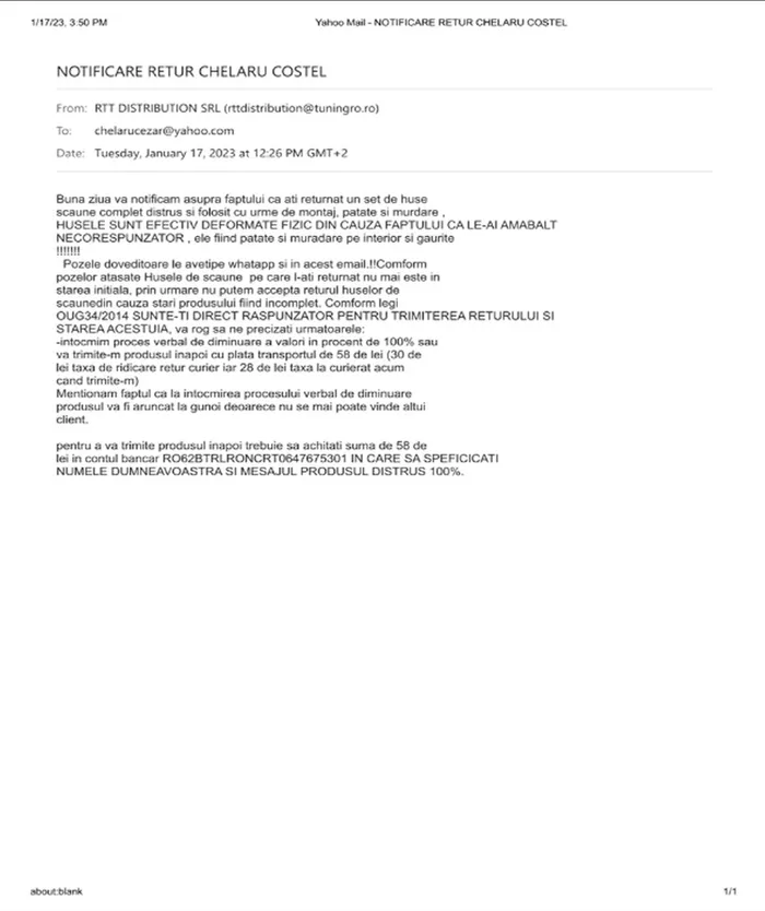 mesaj primit de catre Cezar Chelaru prin mail, scris gresit gramatical