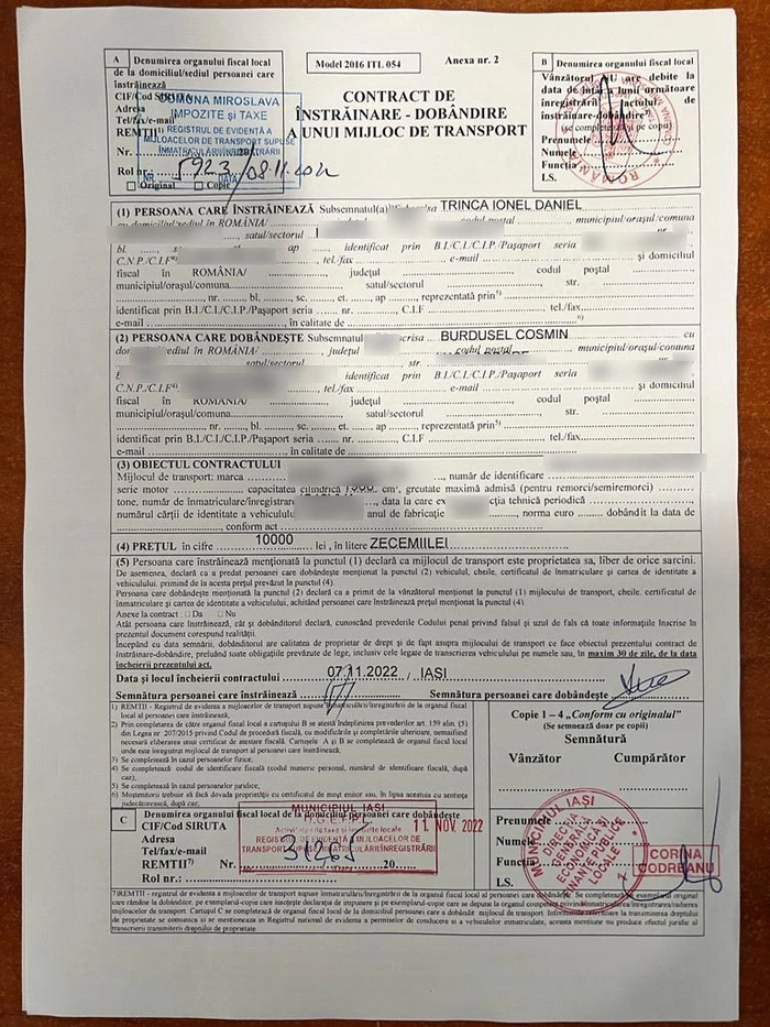  poză cu contractul de dobândire a mașinii