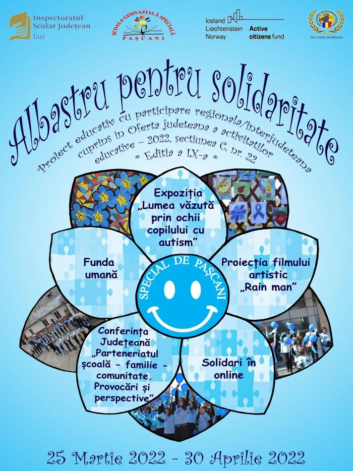 afis prin care anunta proiectul Albastru pentru solidaritate destinat elevilor cu autism