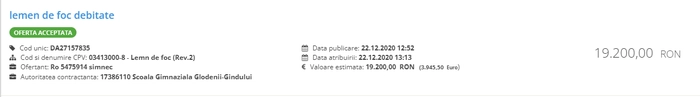 Captura de ecran de pe platforma SEAP cu una dintre ofertele acceptate ale firmei SIMNEC