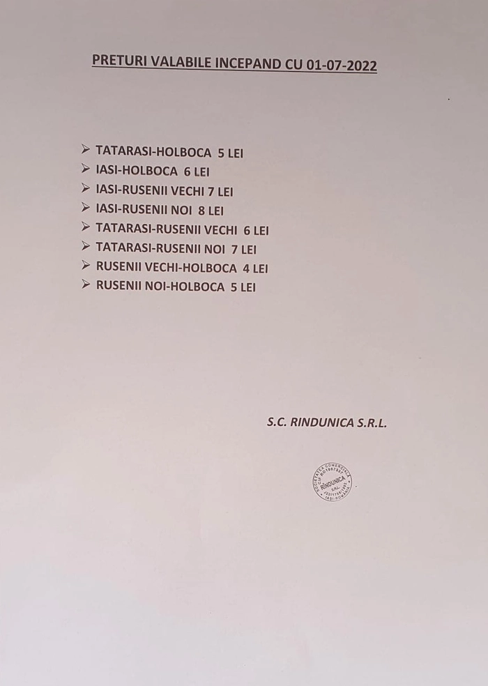  afis cu preturile pentru cursele din Holboca