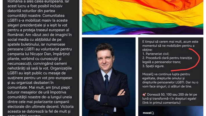 Organizațiile LGBTQ cer președintelui Nicușor Dan legalizarea parteneriatului civil și adoptarea unor reglementări privind drepturile persoanelor transgender, ca răsplată pentru sprijinul oferit în campania electorală