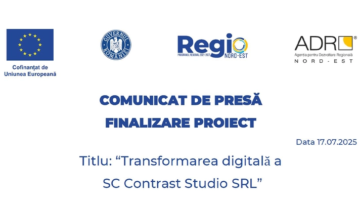 COMUNICAT DE PRESĂ – FINALIZARE PROIECT, Titlu: “Transformarea digitală a  SC Contrast Studio SRL”