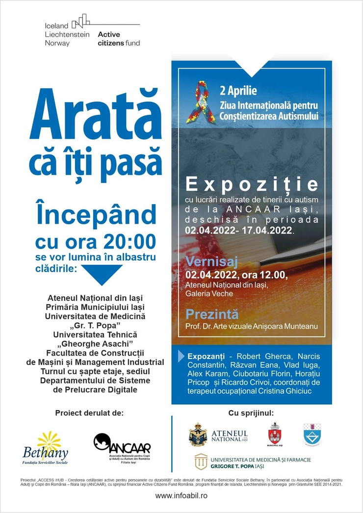 afisprivitor la expozitia organizata la Ateneul Iasi cu ocazia Zilei Internaționale pentru Conștientizarea Autismului