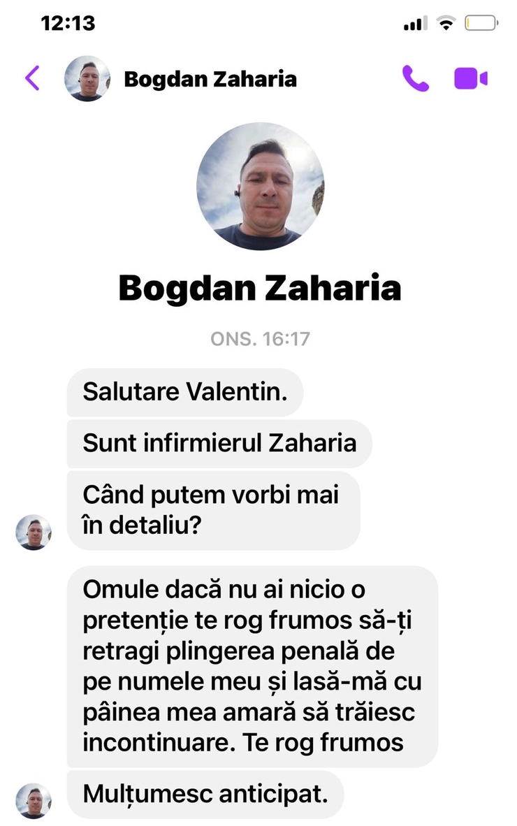 o imagine cu o serie de mesaje trimise de Bogdan Zaharia
