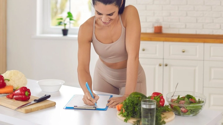 femeie care scrie intr-un carnet fiind inconjurata de mai multe fructe si legume