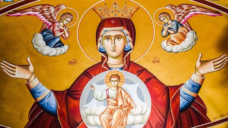o icoana cu sfanta Maria si pruncul Hristos inconjurati de ingeri