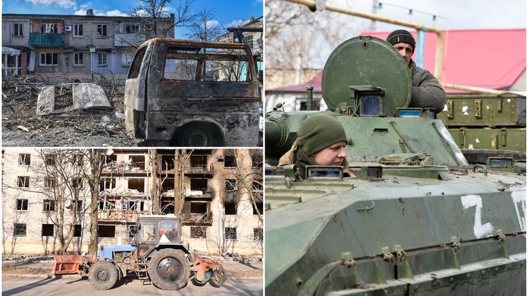 rușii se regrupează în Belarus, colaj razboiul din Ucraina, cladiri distruse de bombardamente, tancuri, soldati, armata ucraineana