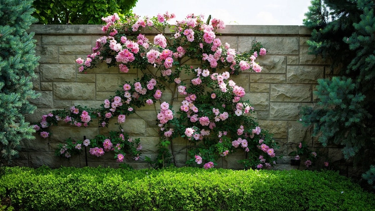 un gard decorat cu o planta cataratoare cu flori roz