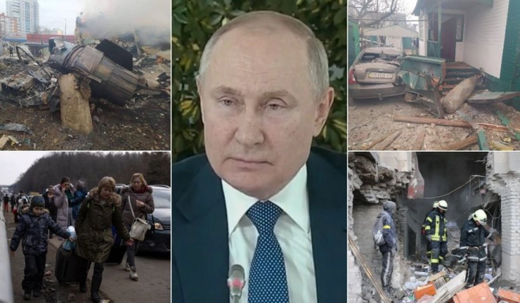 planul preşedintelui Putin privind Ucraina, colaj razboiul din Ucraina, presedintele rus Vladimir Putin, refugiati ucraineni, cladiri distruse de bombardamente ruse