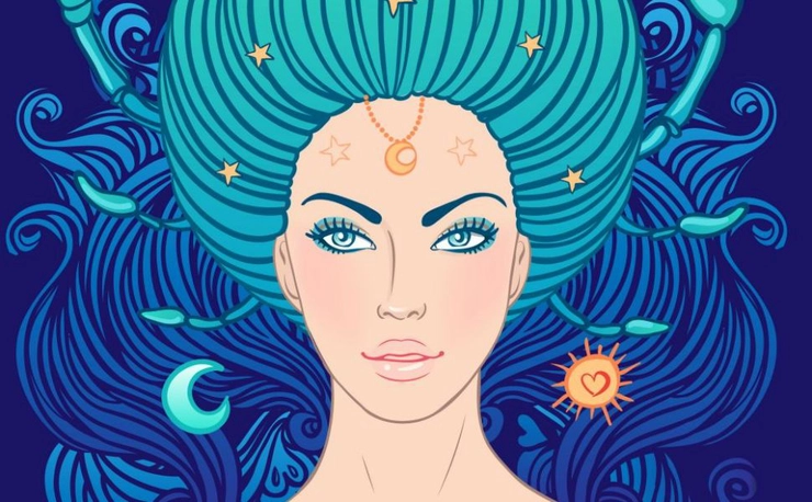desen cu o femeie cu părul albastru