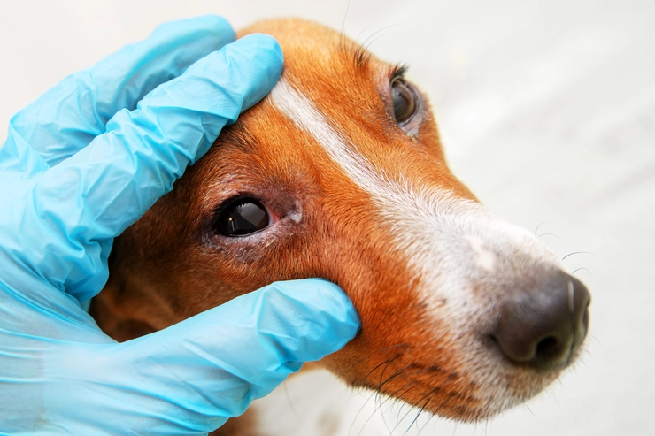 un câine cu pete maronii la veterinar