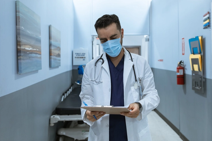 medic pe holul unui spital care priveste spre o mapa